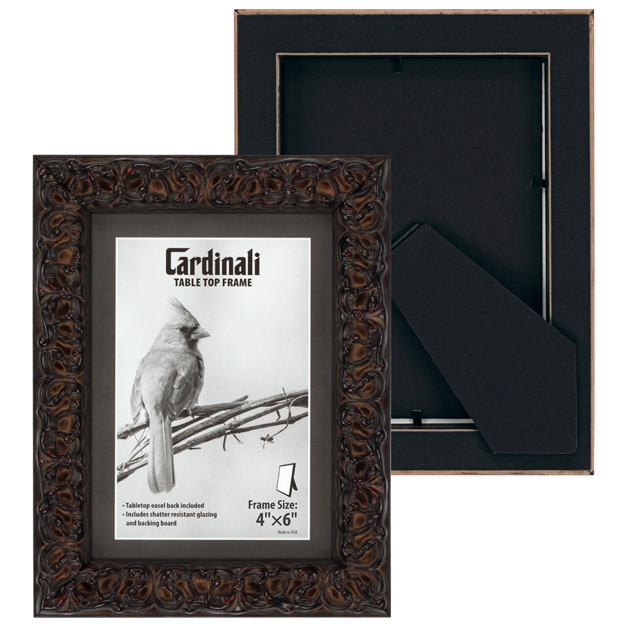 Cardinali Harper Tabletop Ornate Picture Frame, 4x6" Black Vintage Frame Style, Hand-Finished, for Photos or Art, Standing Easel Back with Shatter-Resistant Acrylic Glazing & Acid-Free Backing